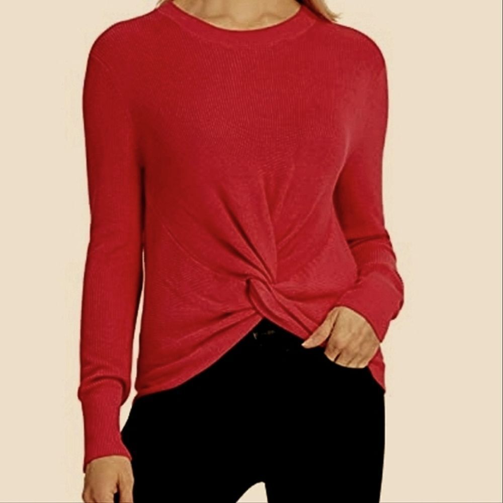 No Comment Burgundy Red Crewneck Waffleknit Knotted Long Sleeve Top